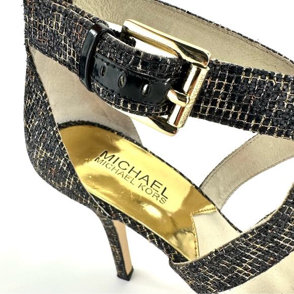 Michael Kors Evie Stiletto Heel Sandal Sz 8.5 Black/Gold Platform Spark Glitter - Picture 11 of 16